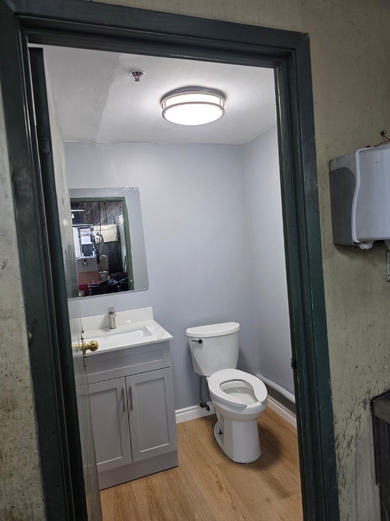 Completed employee washroom with vanity, toilet and wood-look flooring